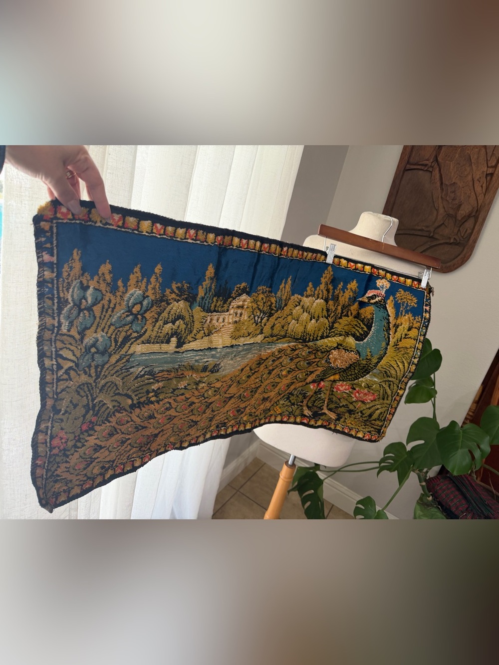 Vintage Peacock Tapestry Wall Hanging 37x19 Blue Gold Boho Decor